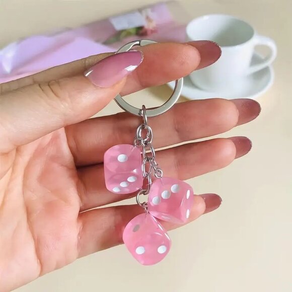 Syrios GIfts Accessories - Light Pink Lucky Dice Keychain with 3 Dice Charms Fun Novelty Gift, Gamers Cars